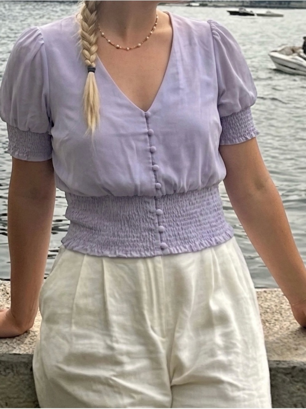 Smocked Waist Lavender V-Neck Puff Sleeve Blouse